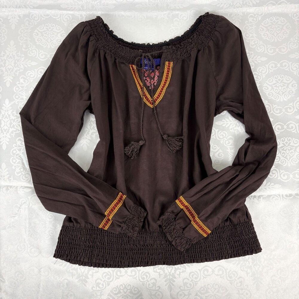 Boho Top Miley Cyrus Max Azria Brown Off Shoulder Cotton Embroidered Western XL